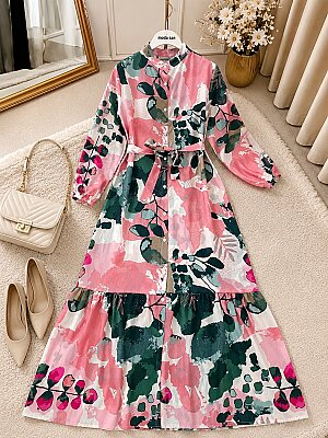 2005 PEMBE YEŞİL DESENLİ ELBİSE MODAL
