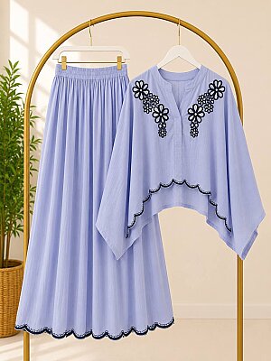 2091 Muslin Kumaş Nakış Detaylı Bluz Etek Takım - Açık Mavi