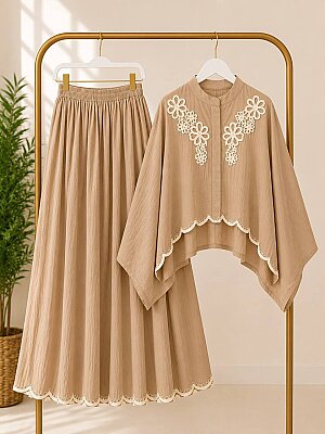 2091 Muslin Kumaş Nakış Detaylı Bluz Etek Takım - Camel