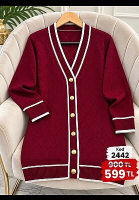 2442 Merserize Kumaş Biyeli Düğmeli Hırka - Bordo