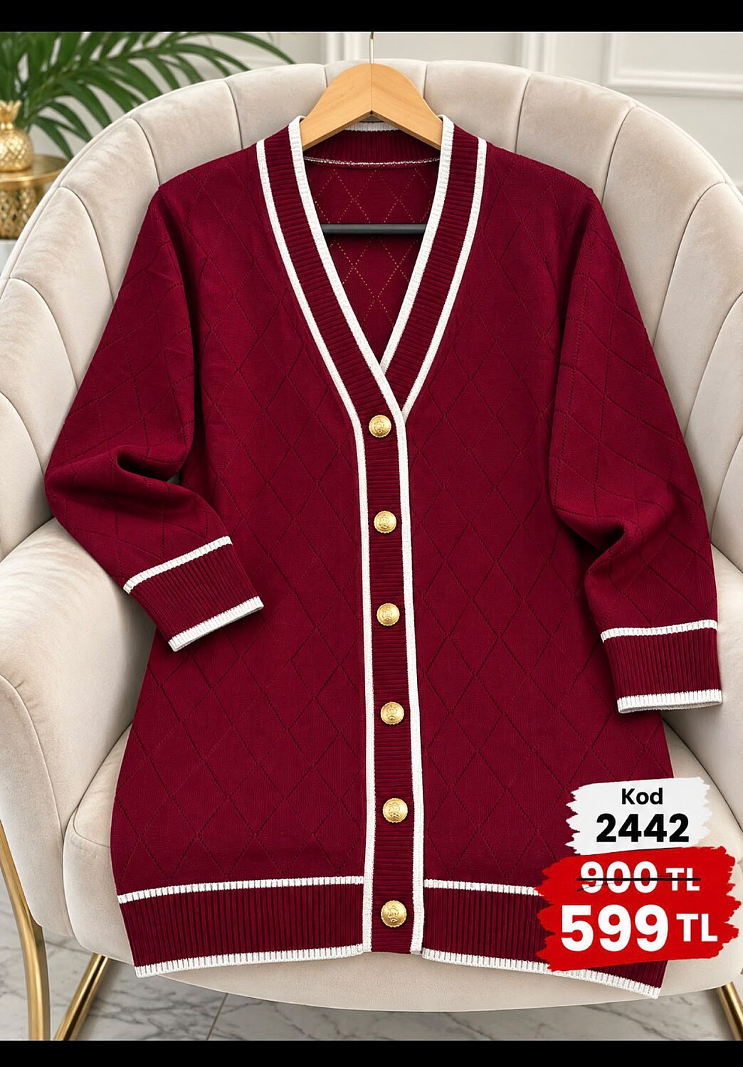 2442 Merserize Kumaş Biyeli Düğmeli Hırka - Bordo - 1