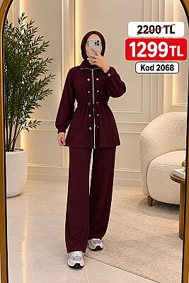 269 Osso Kumaş Fermuarlı Düğme Detaylı Tunik Pantolon Takım - Bordo