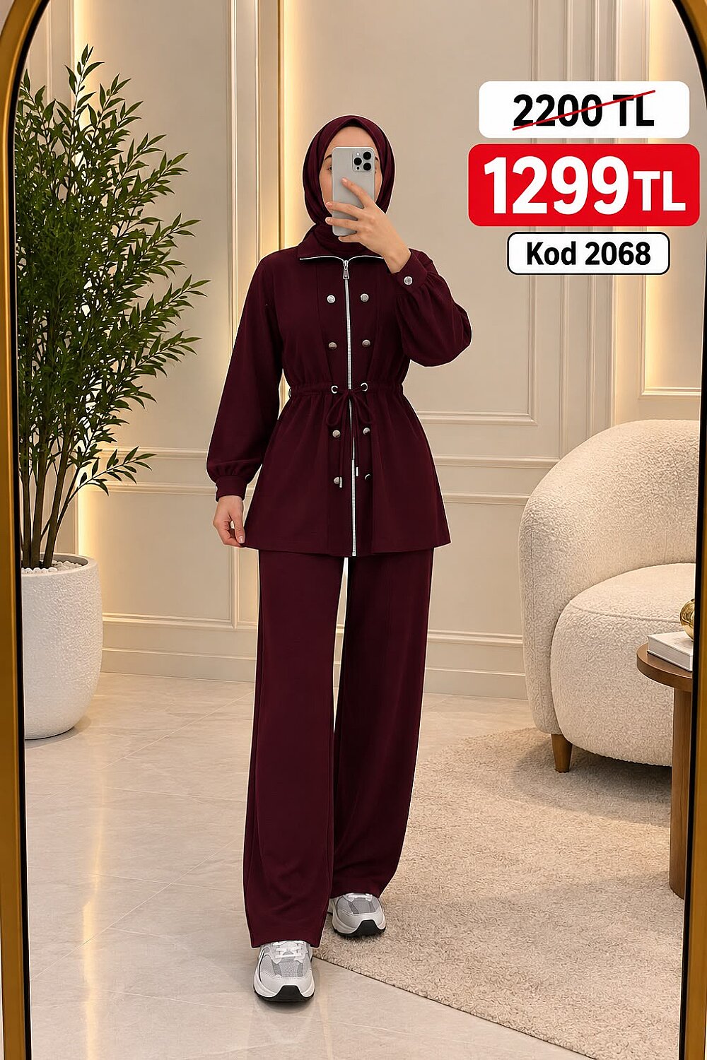 269 Osso Kumaş Fermuarlı Düğme Detaylı Tunik Pantolon Takım - Bordo - 1