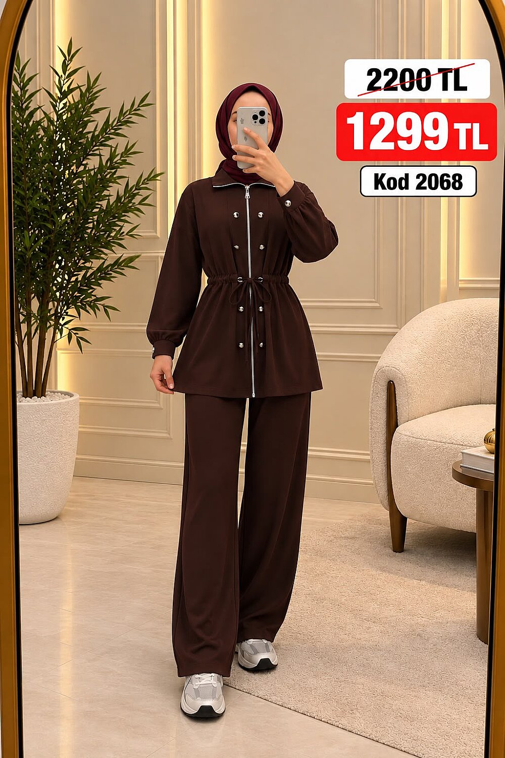 269 Osso Kumaş Fermuarlı Düğme Detaylı Tunik Pantolon Takım - Kahverengi - 1