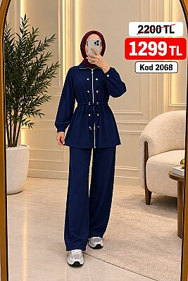 269 Osso Kumaş Fermuarlı Düğme Detaylı Tunik Pantolon Takım - Lacivert