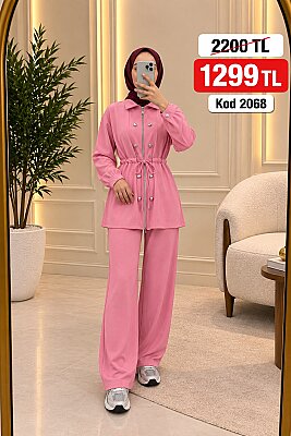 269 Osso Kumaş Fermuarlı Düğme Detaylı Tunik Pantolon Takım - Pembe 