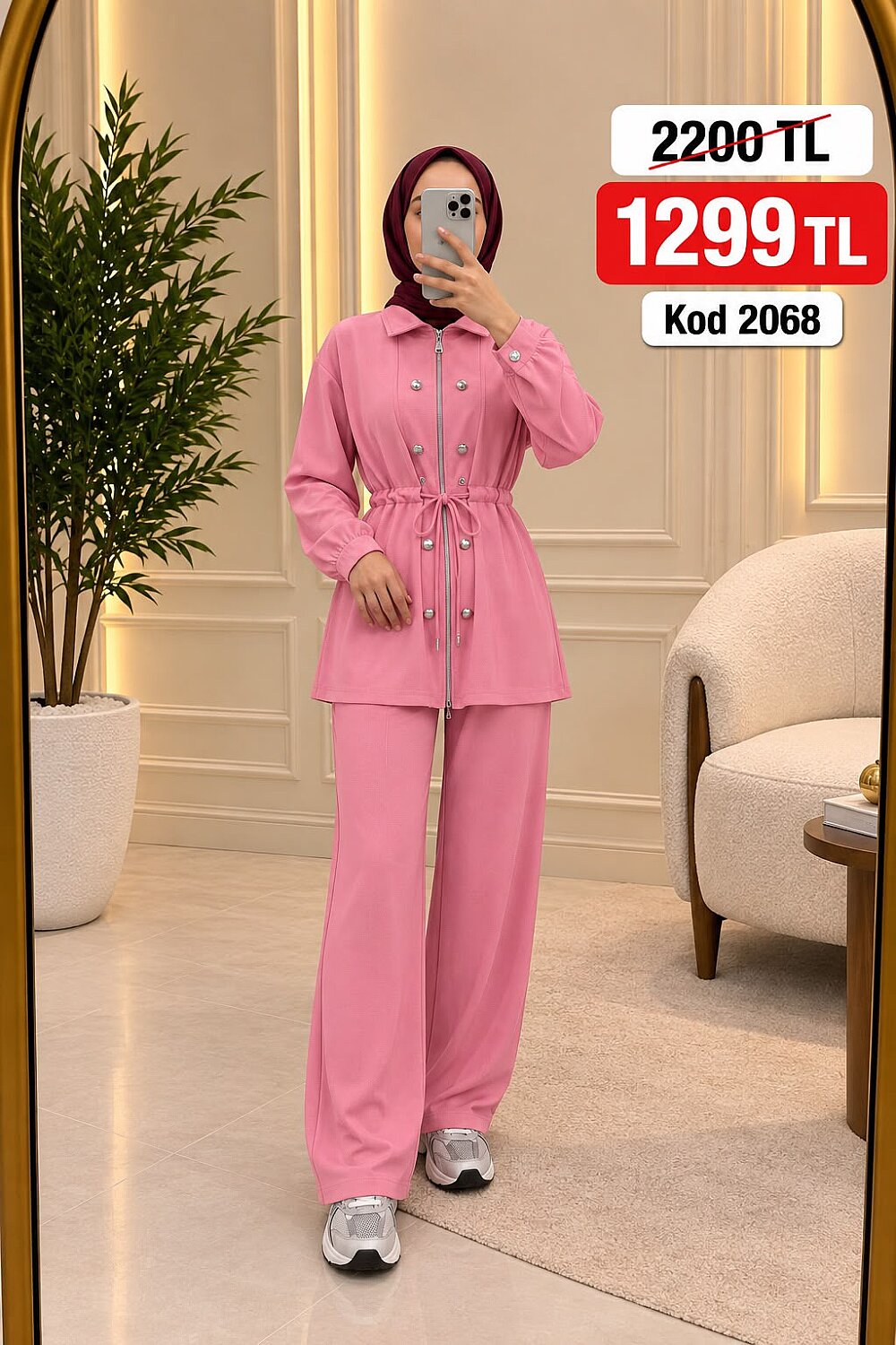 269 Osso Kumaş Fermuarlı Düğme Detaylı Tunik Pantolon Takım - Pembe - 1