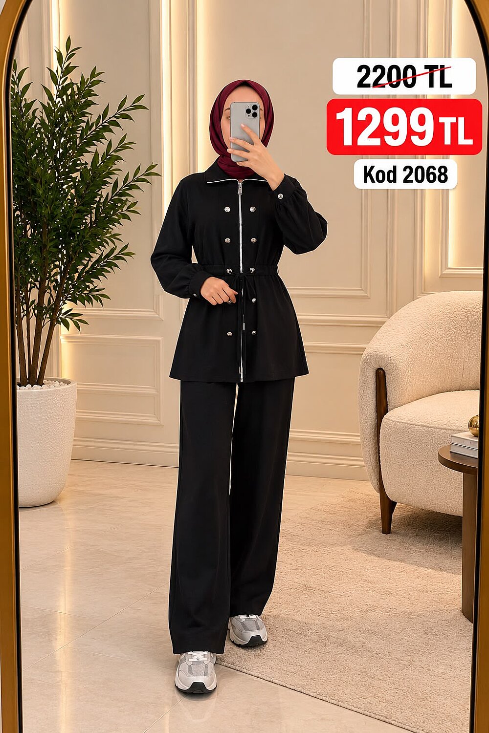 269 Osso Kumaş Fermuarlı Düğme Detaylı Tunik Pantolon Takım - Siyah - 1