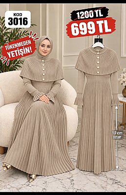 3016 VİZYON PELERİNLİ PLİSELİ ELBİSE