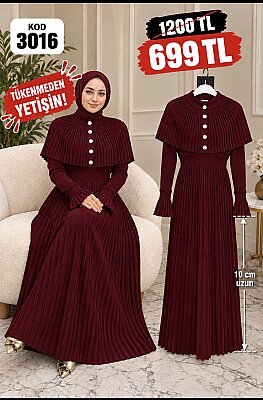 3016 BORDO PELERİNLİ PLİSELİ ELBİSE