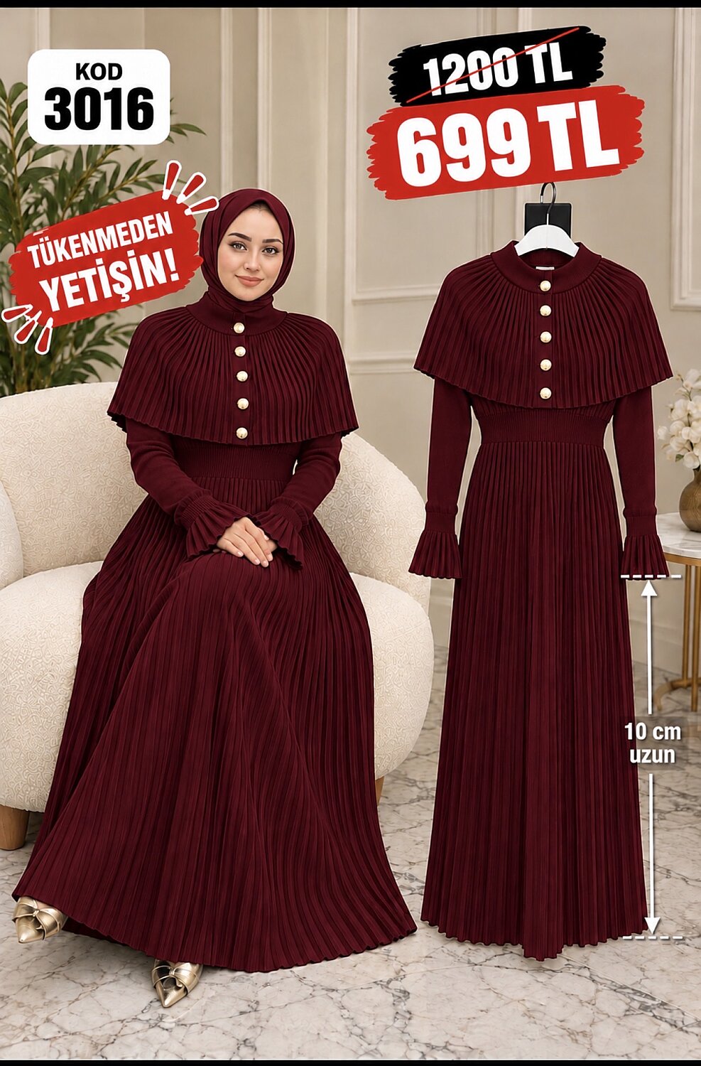 3016 BORDO PELERİNLİ PLİSELİ ELBİSE  - 1