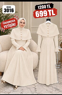 3016 KREM PELERİNLİ PLİSELİ ELBİSE