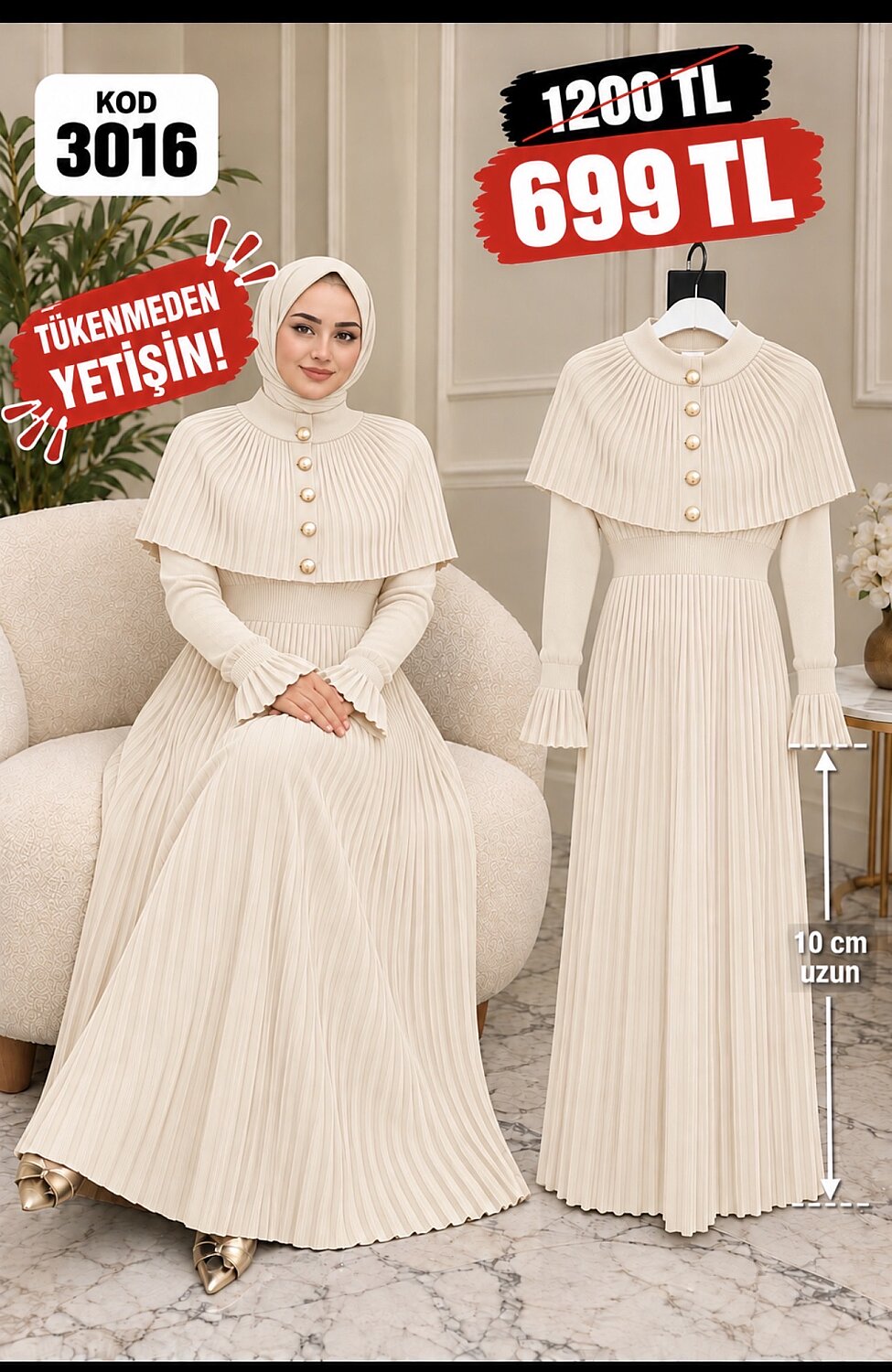 3016 KREM PELERİNLİ PLİSELİ ELBİSE - 1