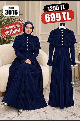 3016 LACİVERT PLİSELİ ELBİSE
