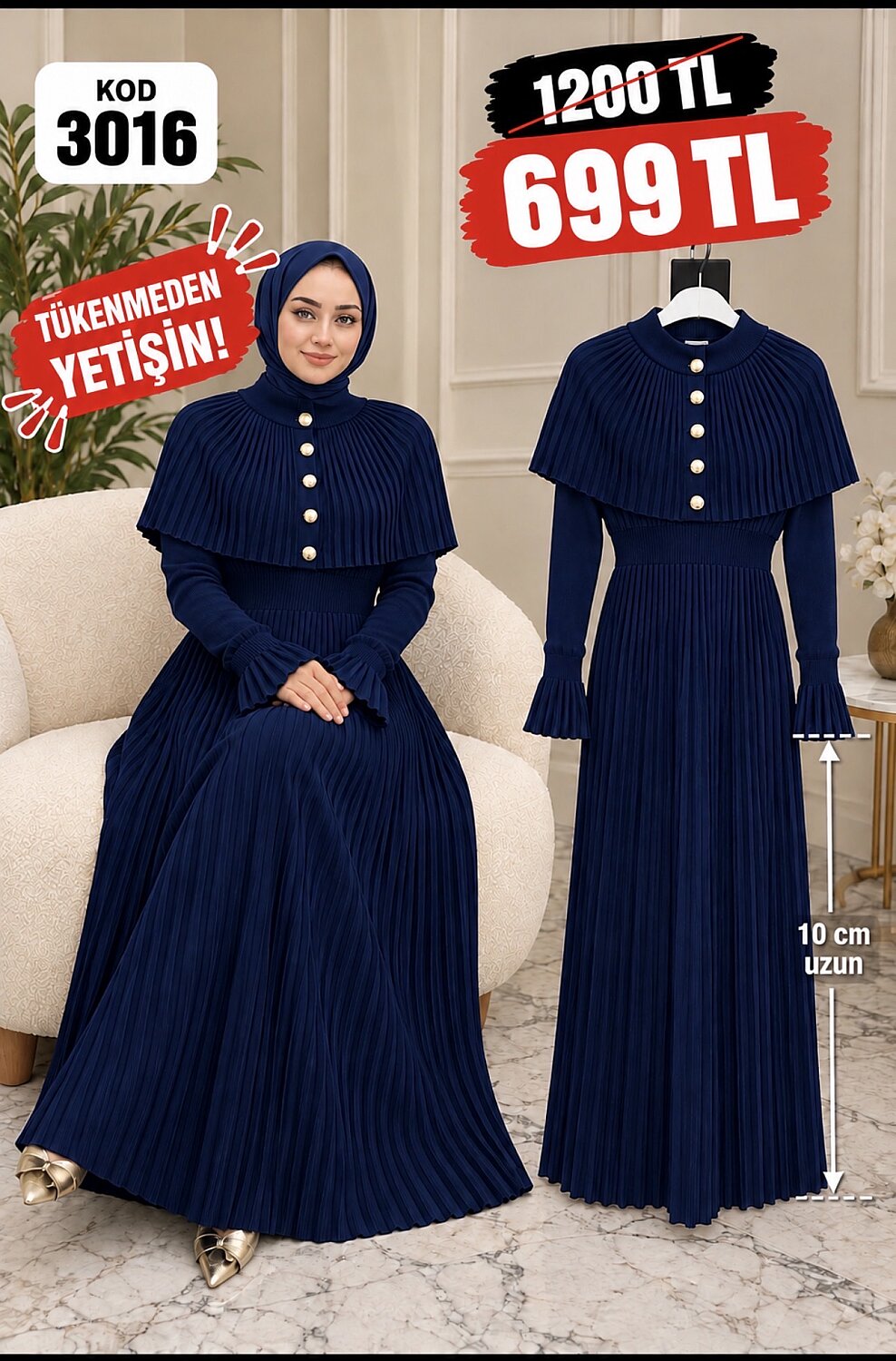 3016 LACİVERT PLİSELİ ELBİSE  - 1