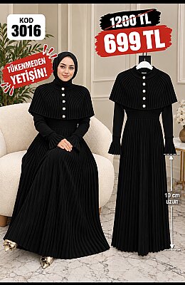 3016 SİYAH PELERİNLİ PLİSELİ ELBİSE