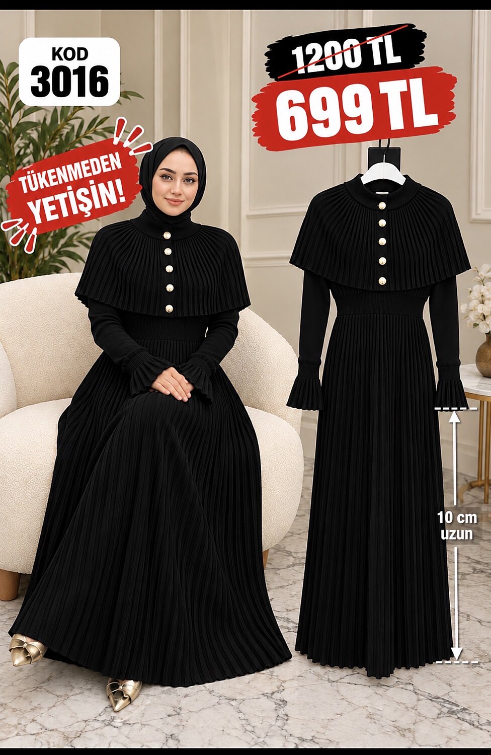 3016 SİYAH PELERİNLİ PLİSELİ ELBİSE  - 1