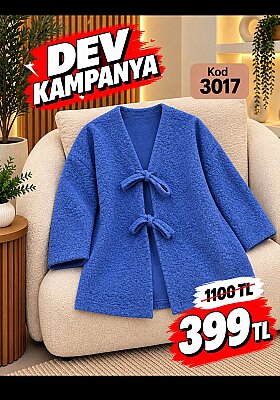 3017 Buklet Kumaş Bağcıklı Ceket - Saks Mavi