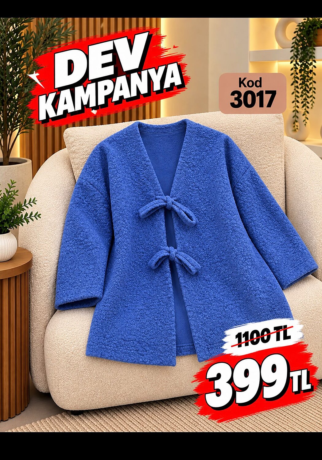 3017 Buklet Kumaş Bağcıklı Ceket - Saks Mavi - 1