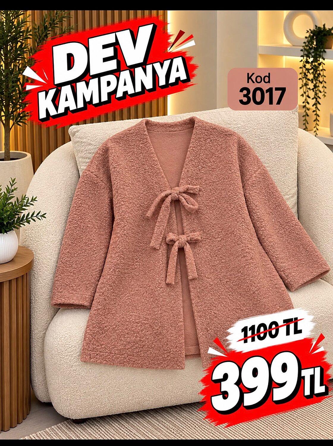 3017 Buklet Kumaş Bağcıklı Ceket - Somon - 1
