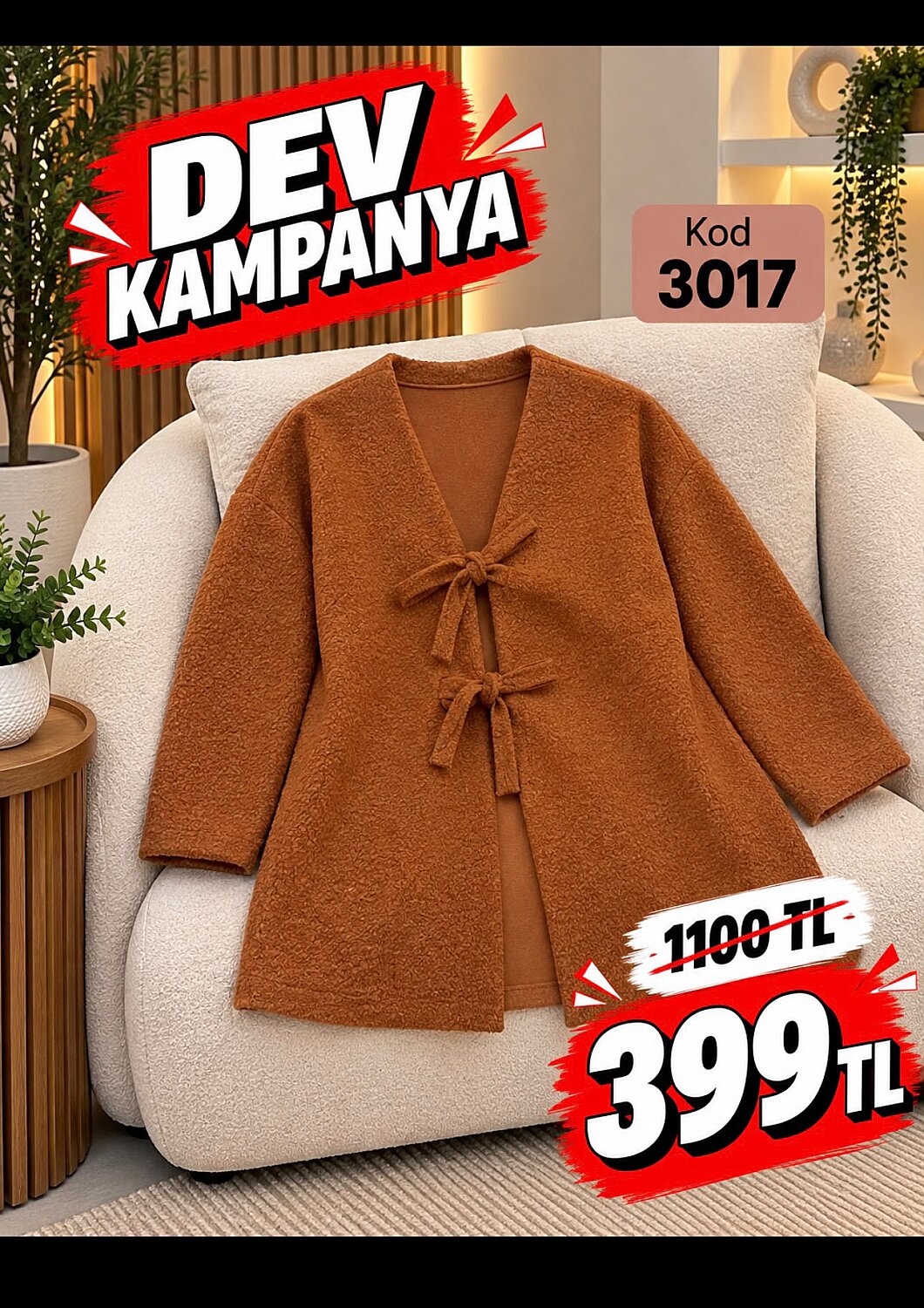 3017 Buklet Kumaş Bağcıklı Ceket - Tarçın - 1