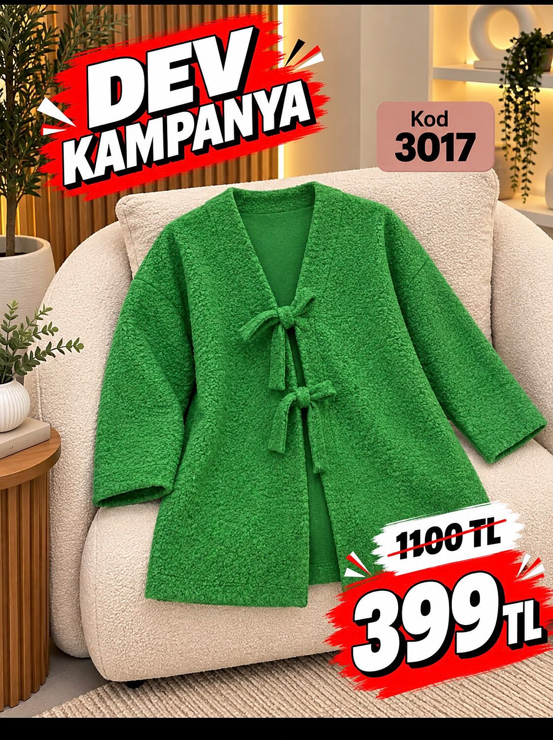 3017 Buklet Kumaş Bağcıklı Ceket - Yeşil - 1