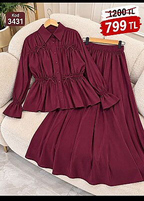 3431 Modal Kumaş Fiyonk Detaylı Tunik Etek Takım - Bordo