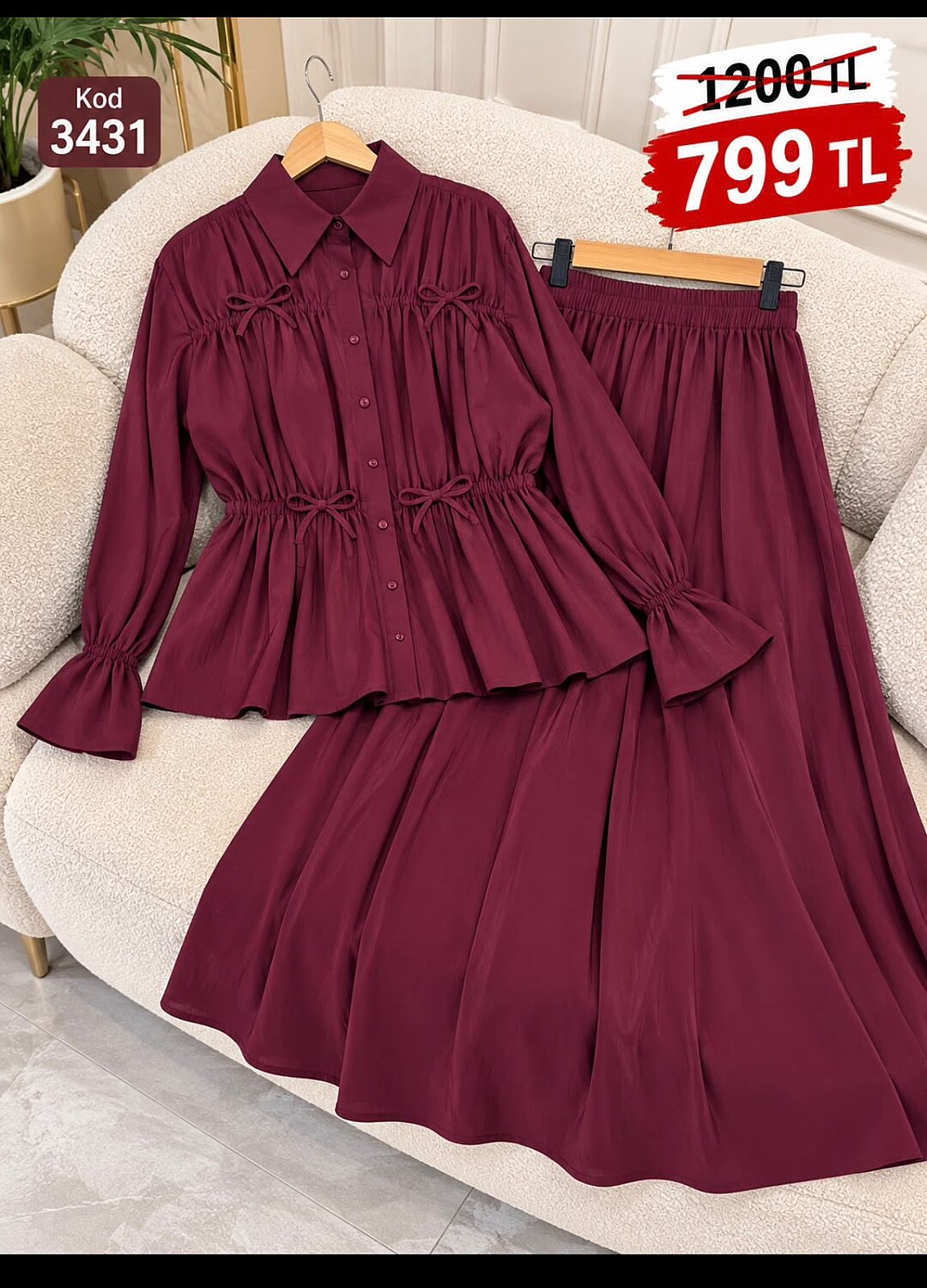 3431 Modal Kumaş Fiyonk Detaylı Tunik Etek Takım - Bordo - 1