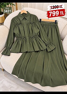 3431 Modal Kumaş Fiyonk Detaylı Tunik Etek Takım - Haki
