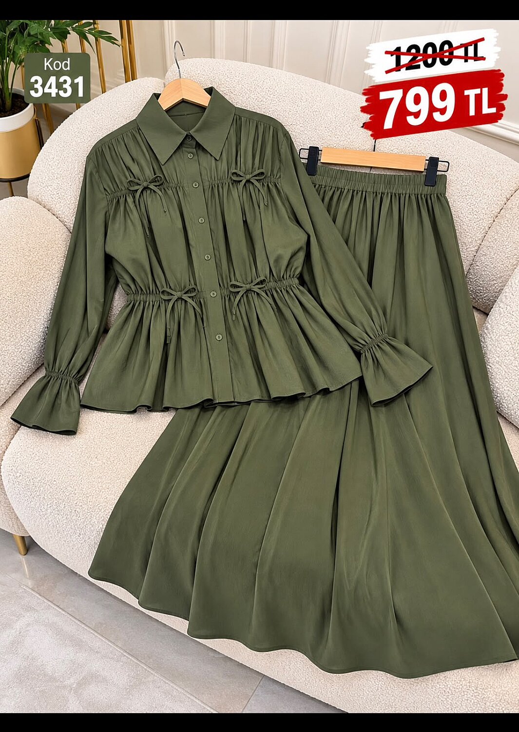 3431 Modal Kumaş Fiyonk Detaylı Tunik Etek Takım - Haki - 1