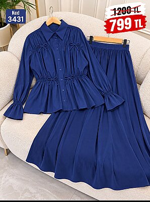 3431 Modal Kumaş Fiyonk Detaylı Tunik Etek Takım - Saks Mavi