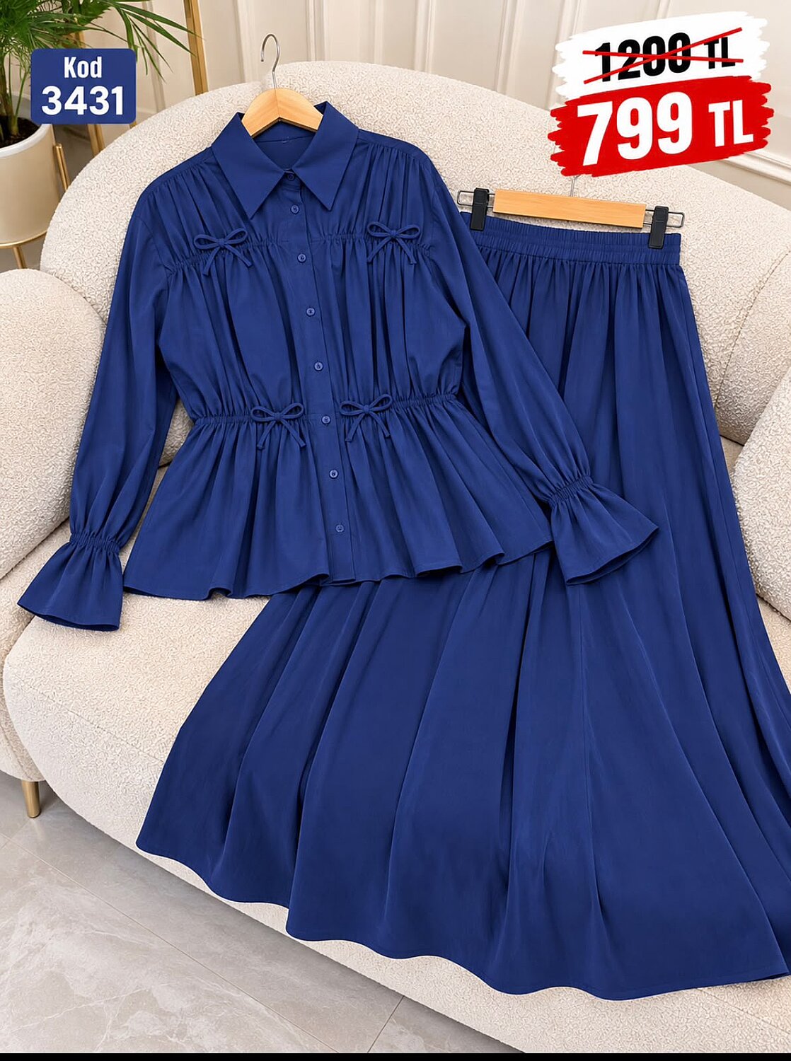 3431 Modal Kumaş Fiyonk Detaylı Tunik Etek Takım - Saks Mavi - 1