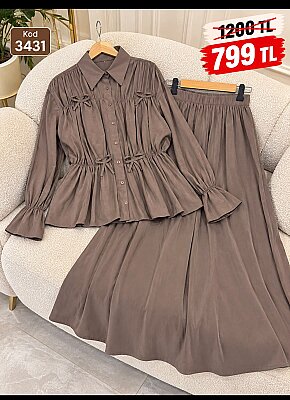 3431 Modal Kumaş Fiyonk Detaylı Tunik Etek Takım - Vizon
