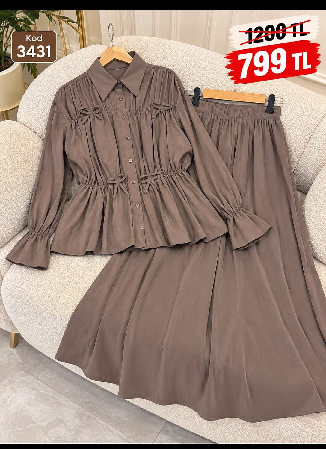 3431 Modal Kumaş Fiyonk Detaylı Tunik Etek Takım - Vizon - 1