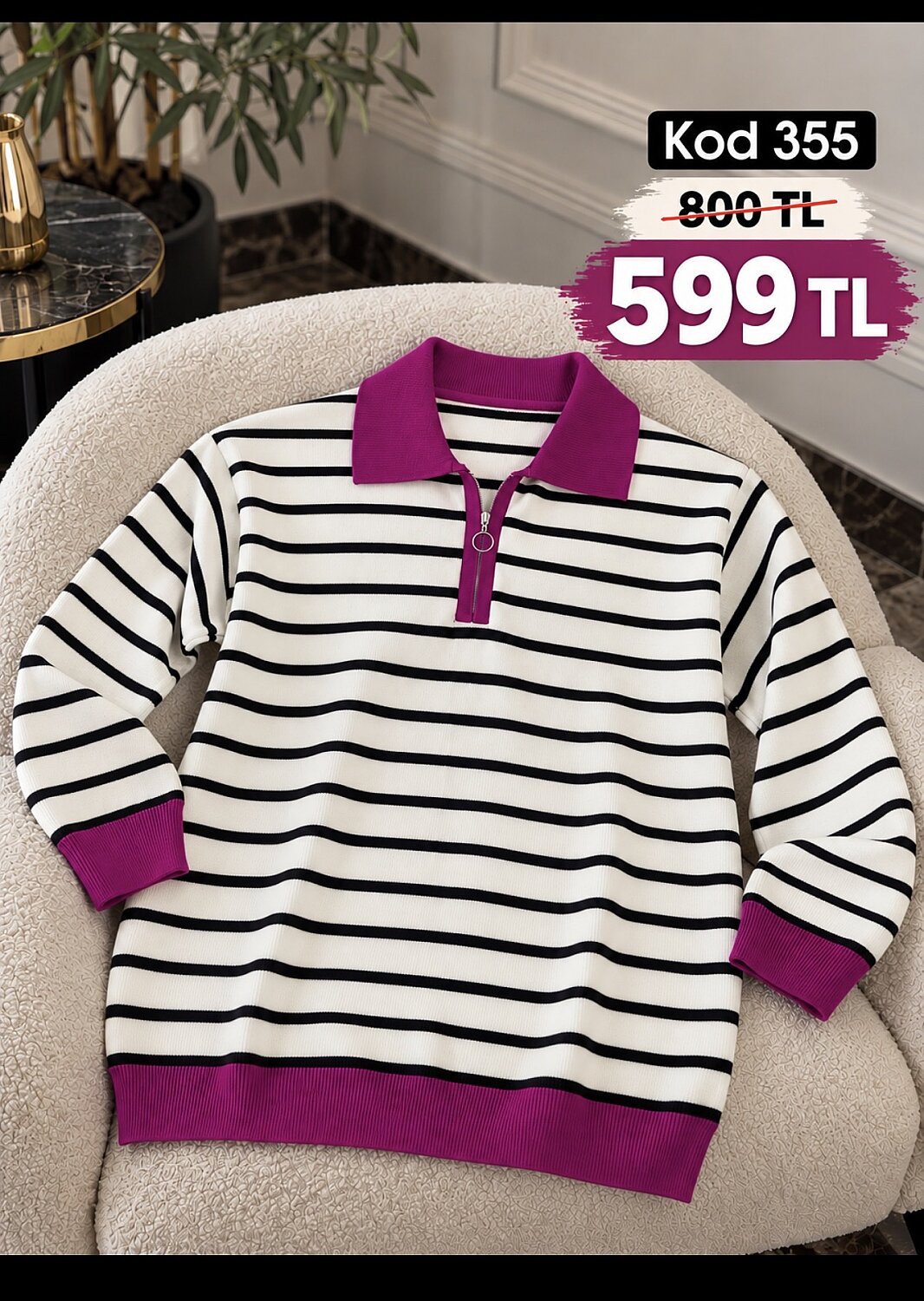 355 MOR CİZGİLİ FERMUARLI KAZAK - 1