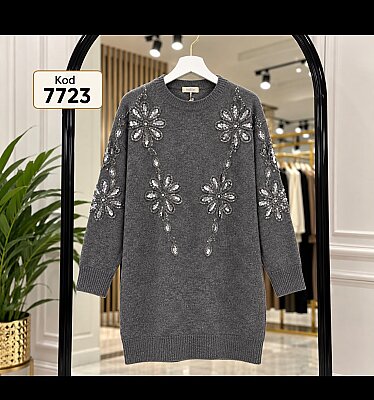7723 Triko Örgü Taş İşlemeli Tunik - Antrasit