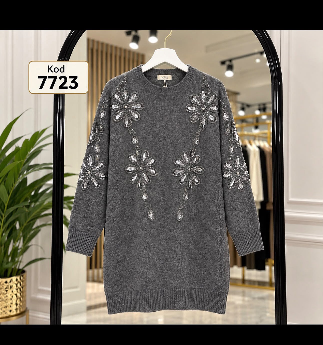7723 Triko Örgü Taş İşlemeli Tunik - Antrasit - 1