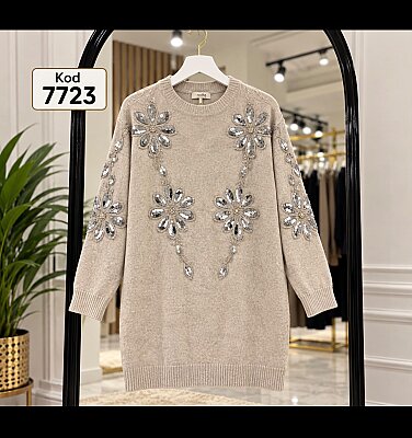 7723 Triko Örgü Taş İşlemeli Tunik - Bej