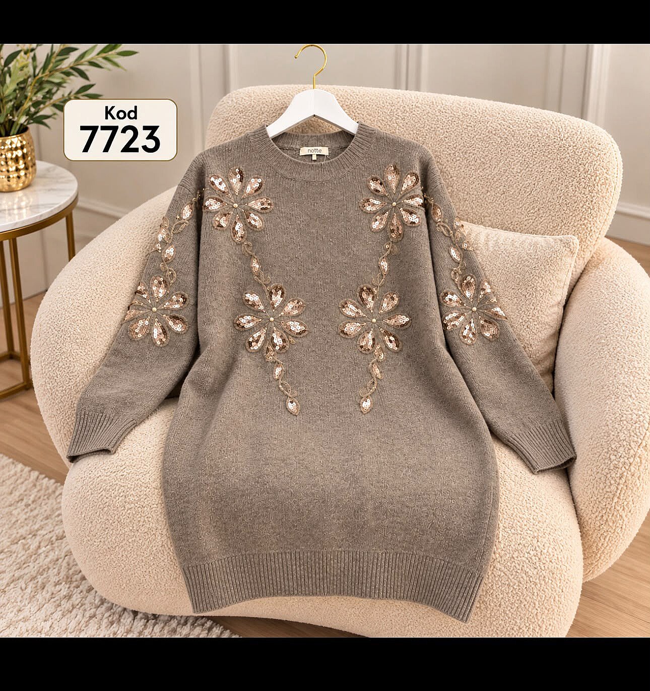 7723 Triko Örgü Taş İşlemeli Tunik - Vizon - 1