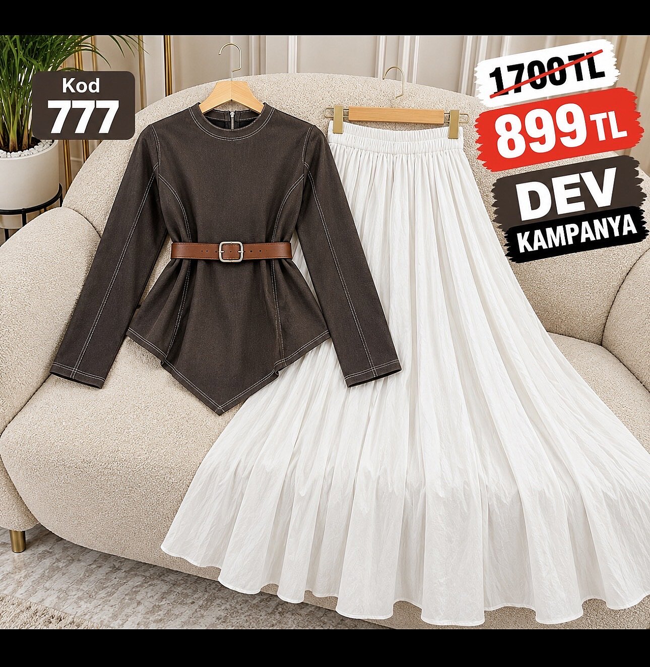 777 KAHVE  ÜST KOT ETEK KETEN ETEK BELİ LASTİKLİ - 1