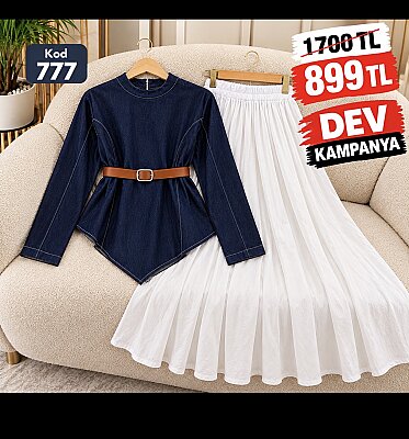 777 MAVİ ÜST KOT ETEK KETEN ETEK BELİ LASTİKLİ