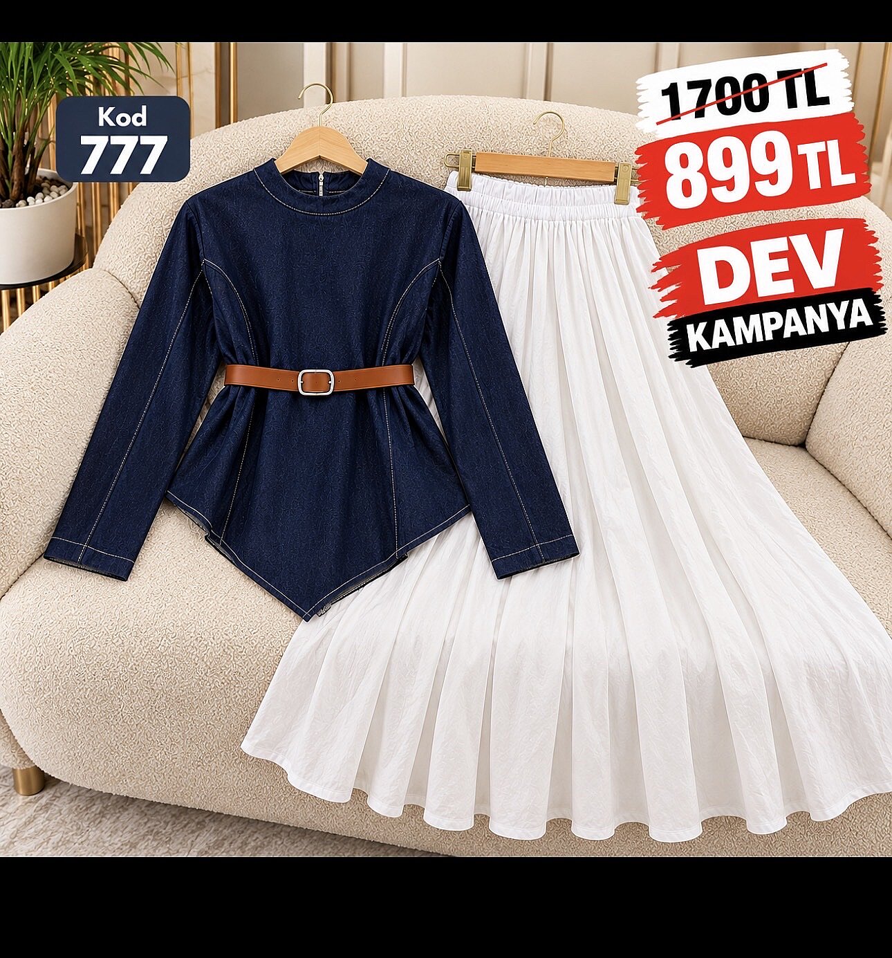 777 MAVİ ÜST KOT ETEK KETEN ETEK BELİ LASTİKLİ - 1