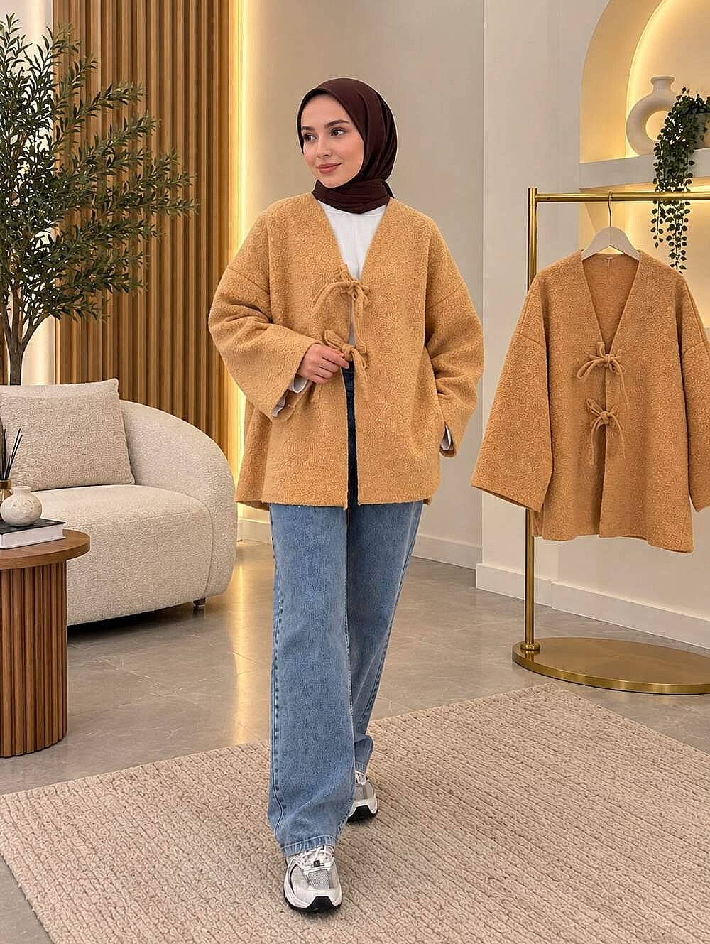Buklet Kumaş Bağcıklı Ceket - Camel 3019-C - 1
