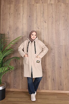 Buklet Kumaş Kapüşonlu Şerit Detaylı Uzun Kap - Bej 4739 - 3