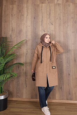 Buklet Kumaş Kapüşonlu Şerit Detaylı Uzun Kap - Camel 4739