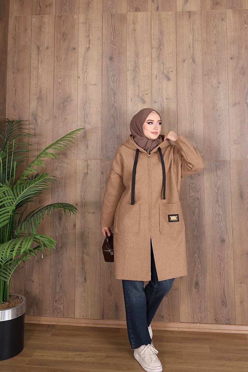 Buklet Kumaş Kapüşonlu Şerit Detaylı Uzun Kap - Camel 4739 - 1