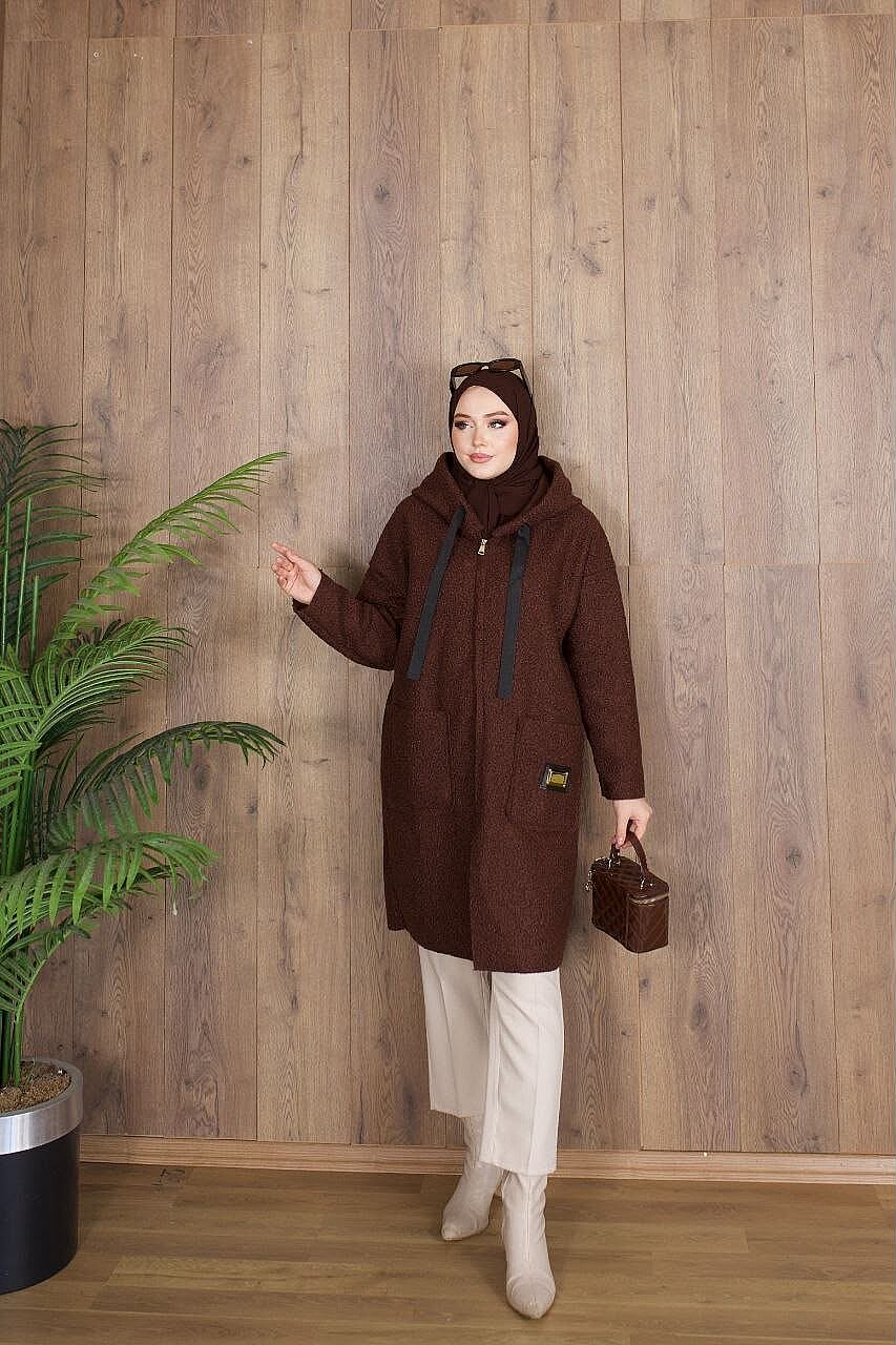 Buklet Kumaş Kapüşonlu Şerit Detaylı Uzun Kap - Kahverengi 4739 - 1