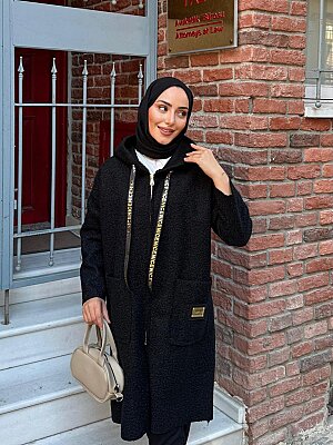 Buklet Kumaş Kapüşonlu Şerit Detaylı Uzun Kap - Siyah 4739