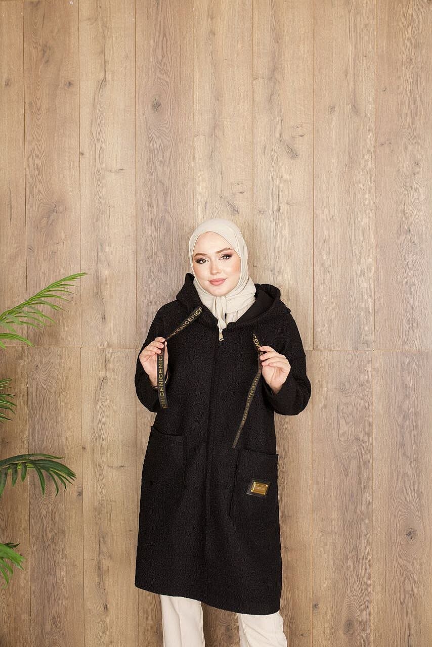 Buklet Kumaş Kapüşonlu Şerit Detaylı Uzun Kap - Siyah 4739 - 2
