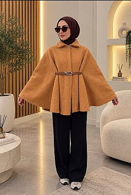 Buklet Kumaş Kemerli Yarasa Kol Panço - Hardal 3016